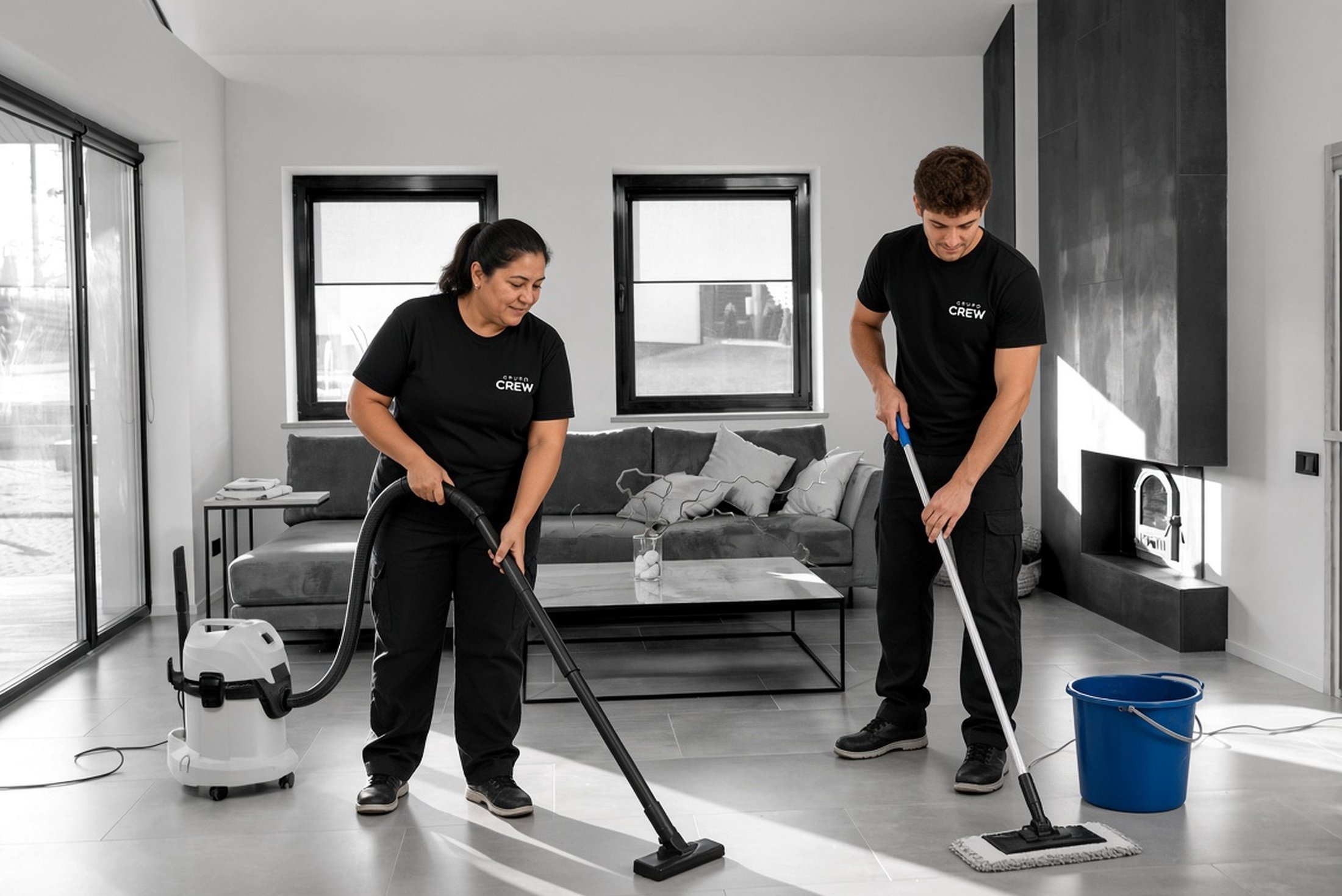 Equipo de limpieza aspirando un piso de baldosas